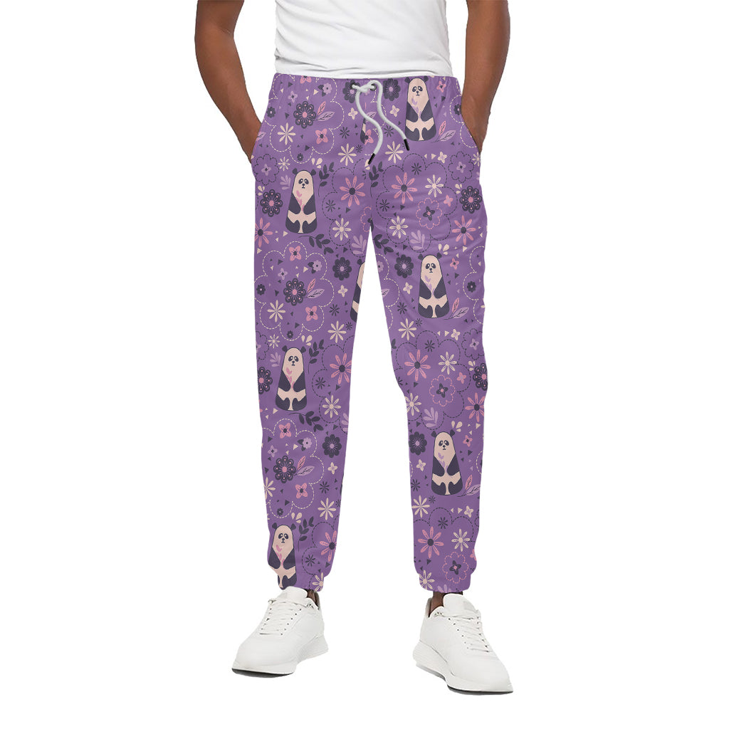 Purple Panda And Flower Pattern Print Cotton Pants