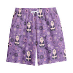 Purple Panda And Flower Pattern Print Cotton Shorts