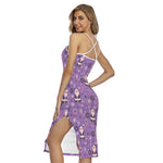 Purple Panda And Flower Pattern Print Cross Back Cami Dress