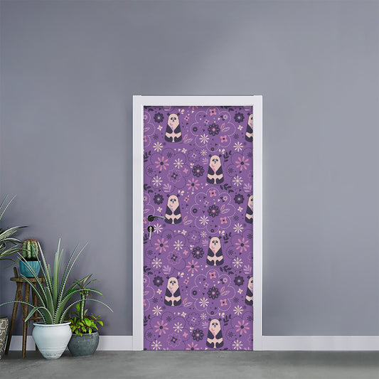 Purple Panda And Flower Pattern Print Door Sticker