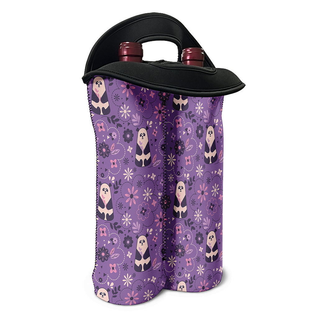 Purple Panda And Flower Pattern Print Double Neoprene Wine Tote