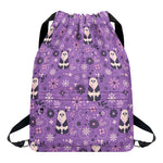 Purple Panda And Flower Pattern Print Drawstring Backpack
