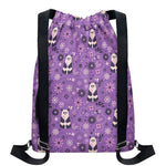 Purple Panda And Flower Pattern Print Drawstring Backpack