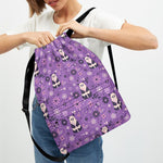 Purple Panda And Flower Pattern Print Drawstring Backpack