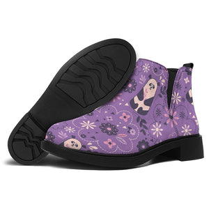 Purple Panda And Flower Pattern Print Flat Ankle Boots