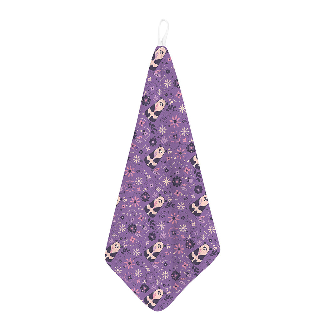 Purple Panda And Flower Pattern Print Hand Towel