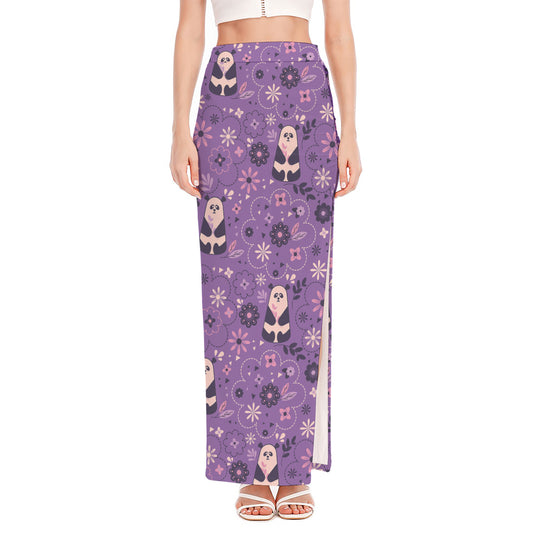Purple Panda And Flower Pattern Print High Slit Maxi Skirt