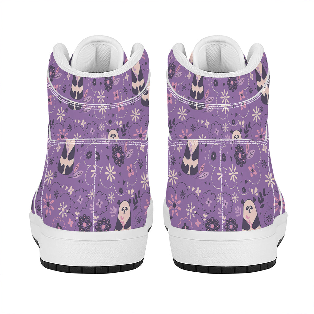 Purple Panda And Flower Pattern Print High Top Leather Sneakers