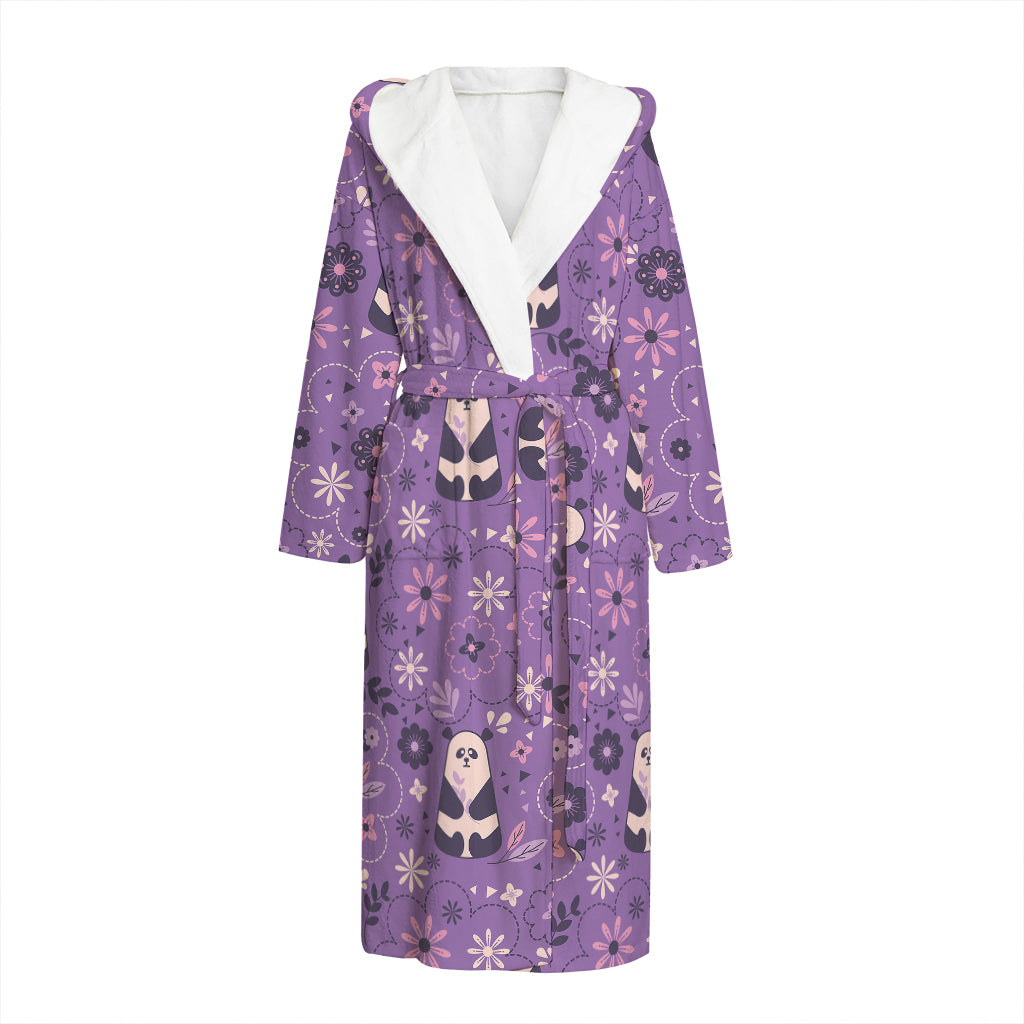 Purple Panda And Flower Pattern Print Hooded Bathrobe