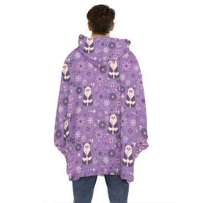 Purple Panda And Flower Pattern Print Hoodie Blanket