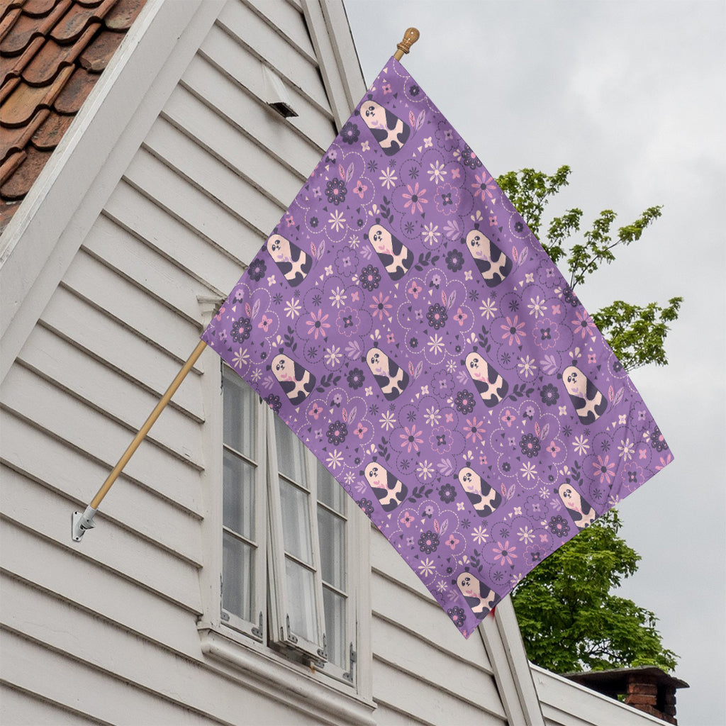 Purple Panda And Flower Pattern Print House Flag