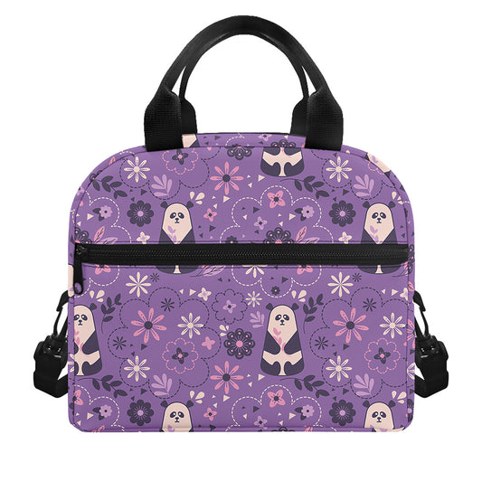 Purple Panda And Flower Pattern Print Insulated Lunch Bag
