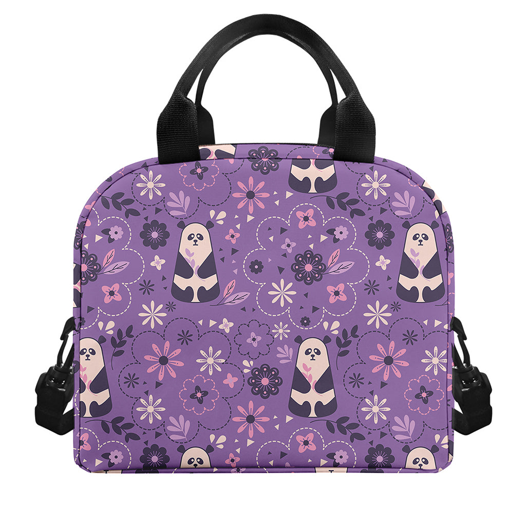 Purple Panda And Flower Pattern Print Insulated Lunch Bag