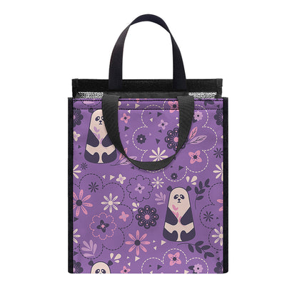 Purple Panda And Flower Pattern Print Insulated Lunch Tote