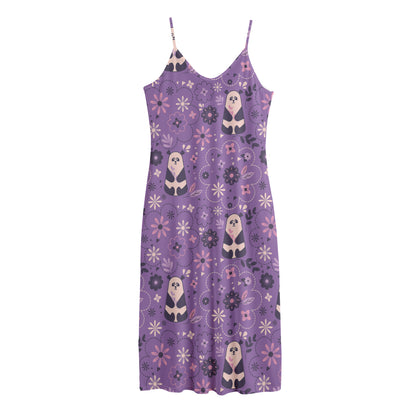 Purple Panda And Flower Pattern Print Jersey Midi Cami Dress