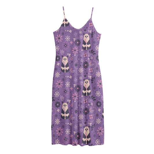 Purple Panda And Flower Pattern Print Jersey Midi Cami Dress