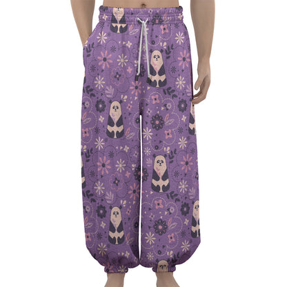 Purple Panda And Flower Pattern Print Lantern Pants