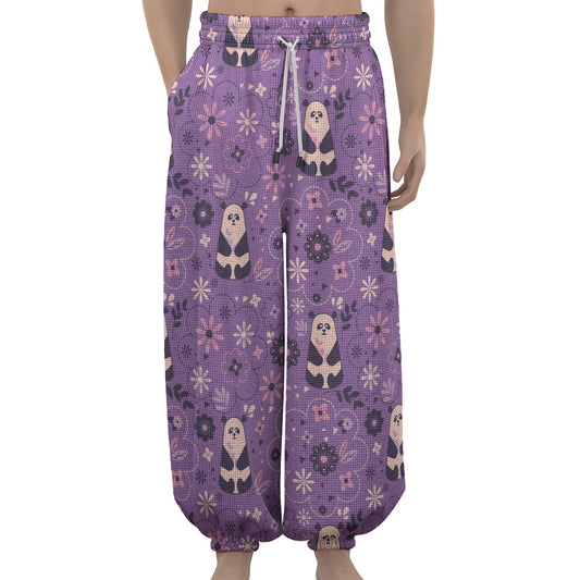 Purple Panda And Flower Pattern Print Lantern Pants