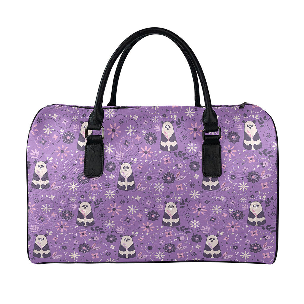 Purple Panda And Flower Pattern Print Leather Duffle Bag