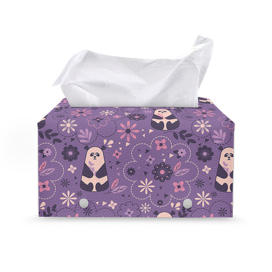 Purple Panda And Flower Pattern Print Leather Tissue Box Cover