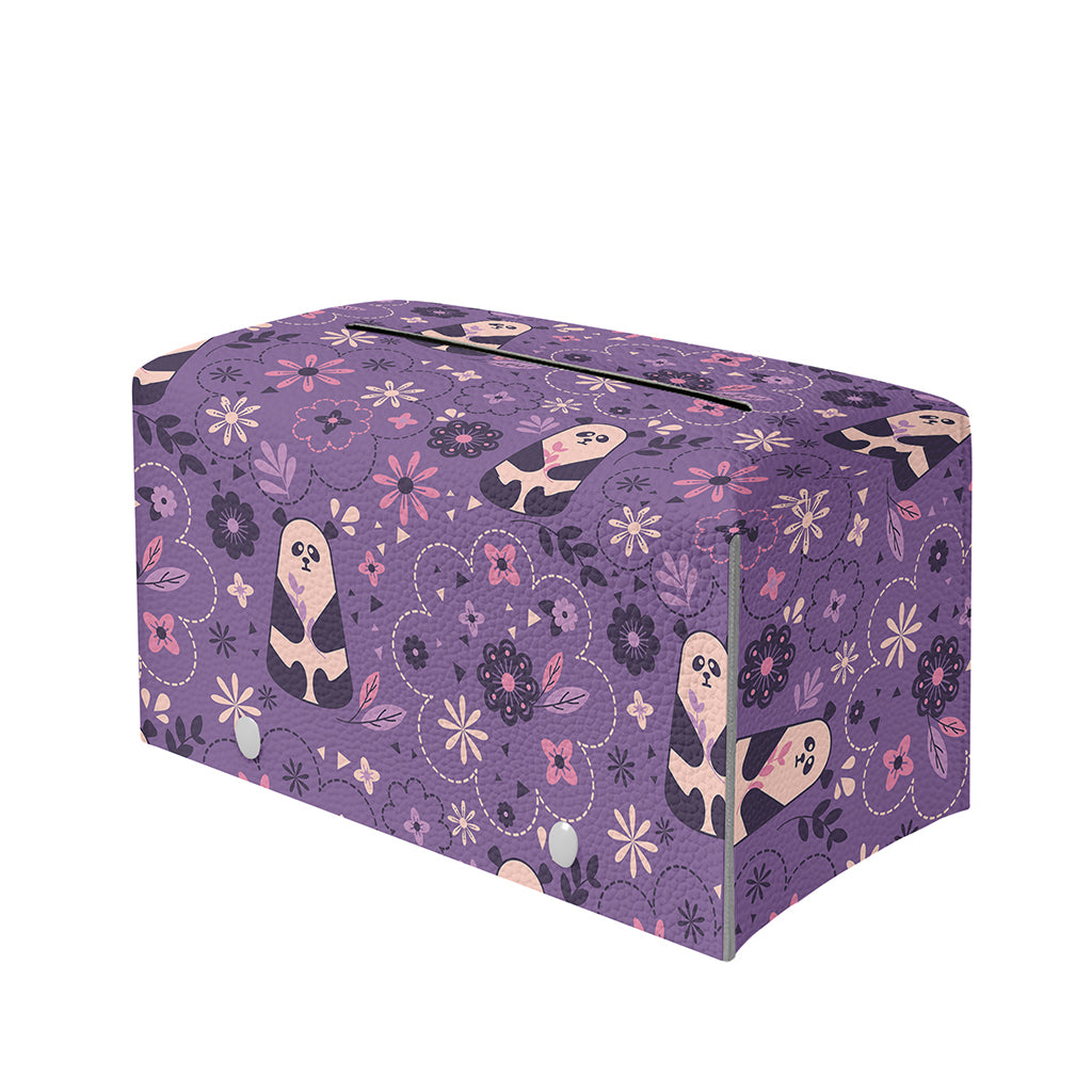 Purple Panda And Flower Pattern Print Leather Tissue Box Cover