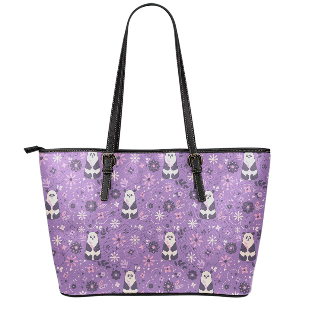 Purple Panda And Flower Pattern Print Leather Tote Bag