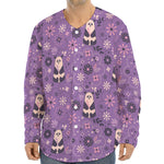 Purple Panda And Flower Pattern Print Long Sleeve Baseball Jersey