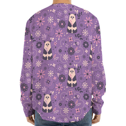 Purple Panda And Flower Pattern Print Long Sleeve Baseball Jersey