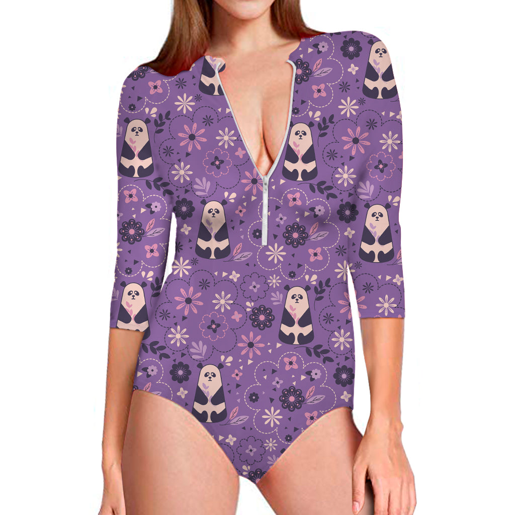 Purple Panda And Flower Pattern Print Long Sleeve Swimsuit
