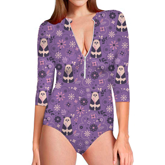 Purple Panda And Flower Pattern Print Long Sleeve Swimsuit