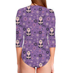 Purple Panda And Flower Pattern Print Long Sleeve Swimsuit
