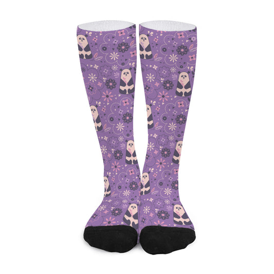 Purple Panda And Flower Pattern Print Long Socks
