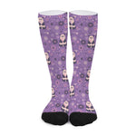 Purple Panda And Flower Pattern Print Long Socks