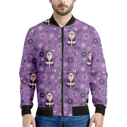 Purple Panda And Flower Pattern Print Men's Bomber Jacket