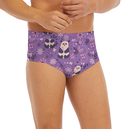 Purple Panda And Flower Pattern Print Men's Briefs