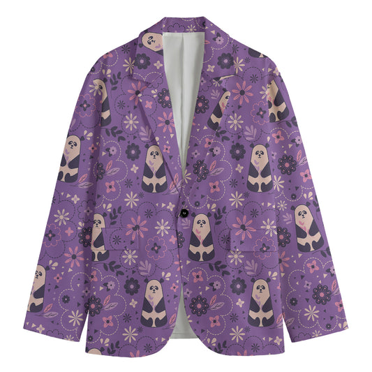 Purple Panda And Flower Pattern Print Men's Cotton Blazer