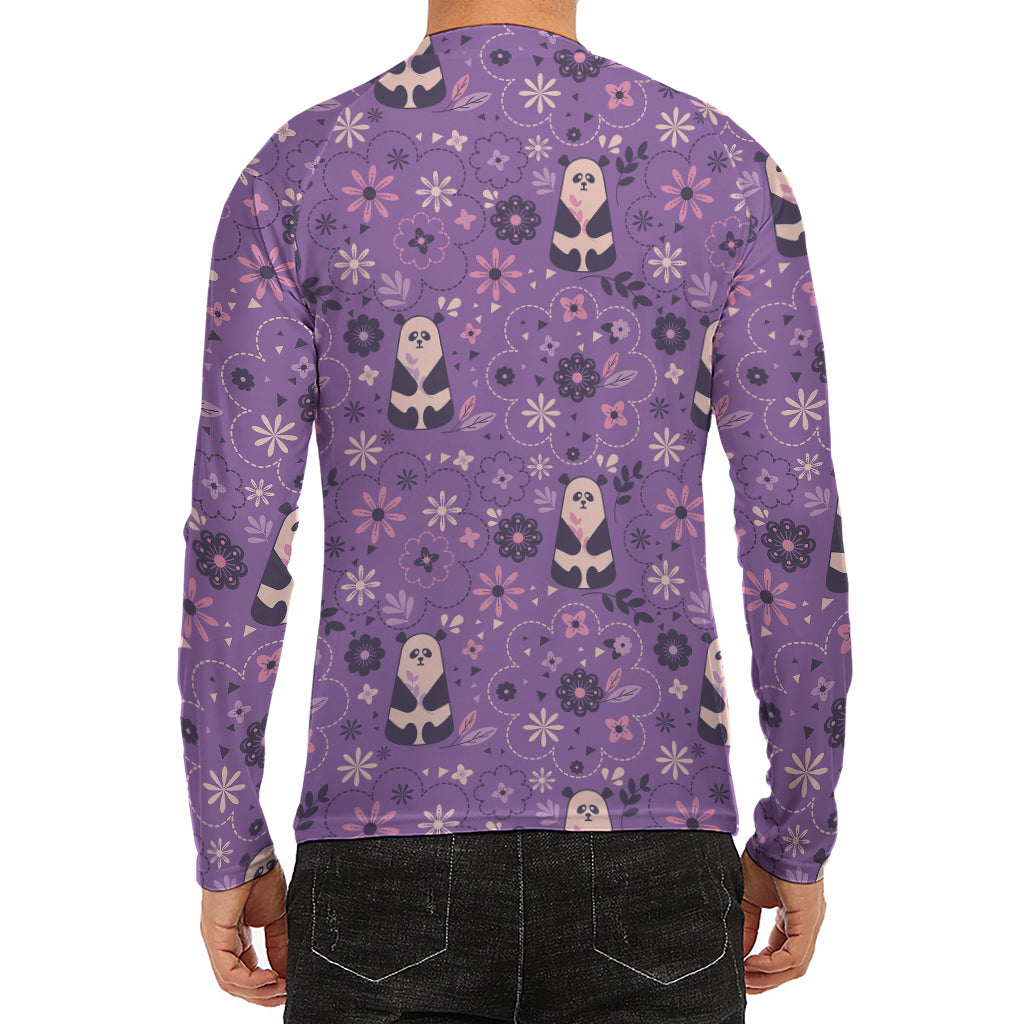 Purple Panda And Flower Pattern Print Men's Long Sleeve Rash Guard