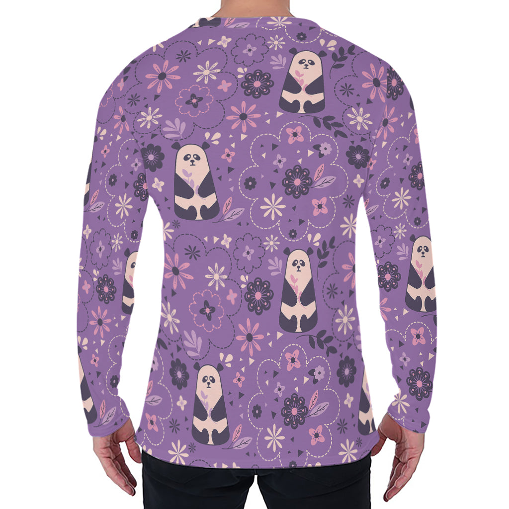 Purple Panda And Flower Pattern Print Men's Long Sleeve T-Shirt