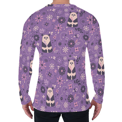 Purple Panda And Flower Pattern Print Men's Long Sleeve T-Shirt