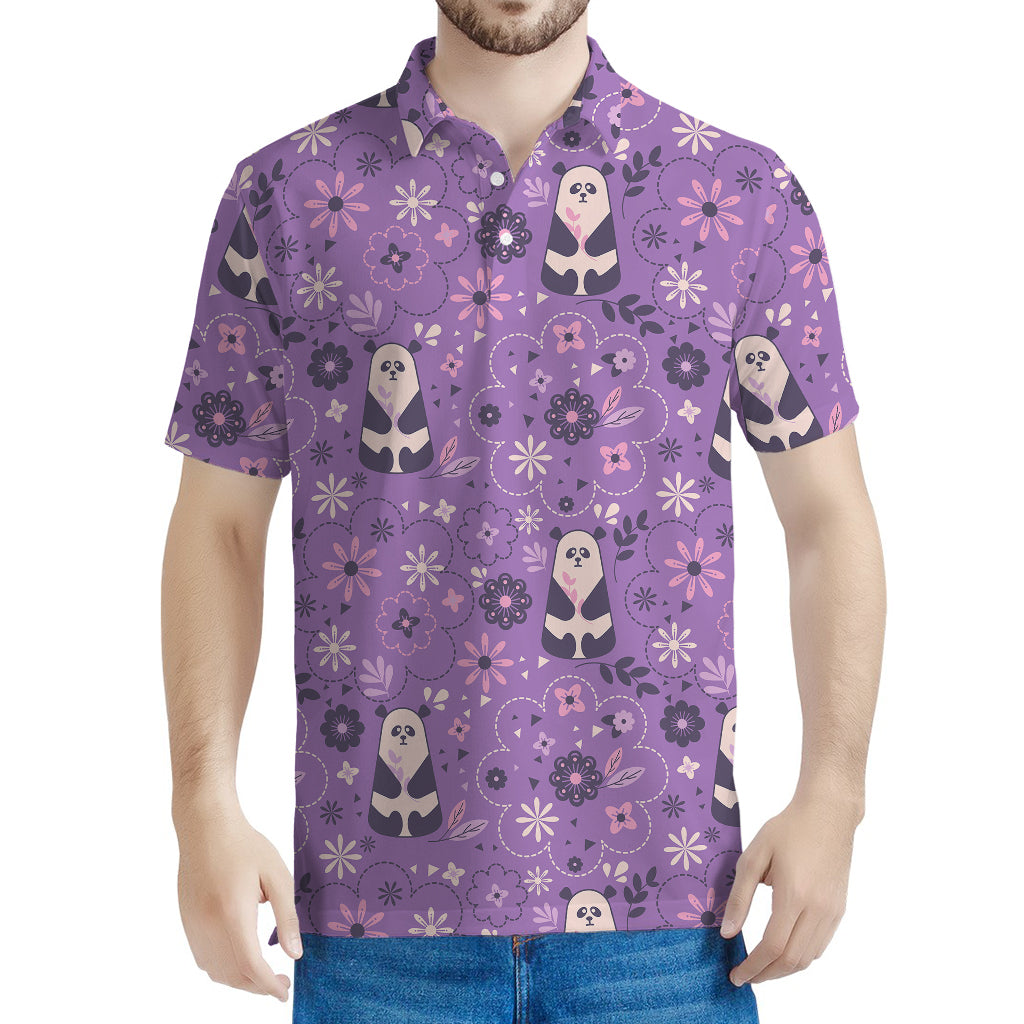 Purple Panda And Flower Pattern Print Men's Polo Shirt