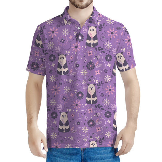 Purple Panda And Flower Pattern Print Men's Polo Shirt
