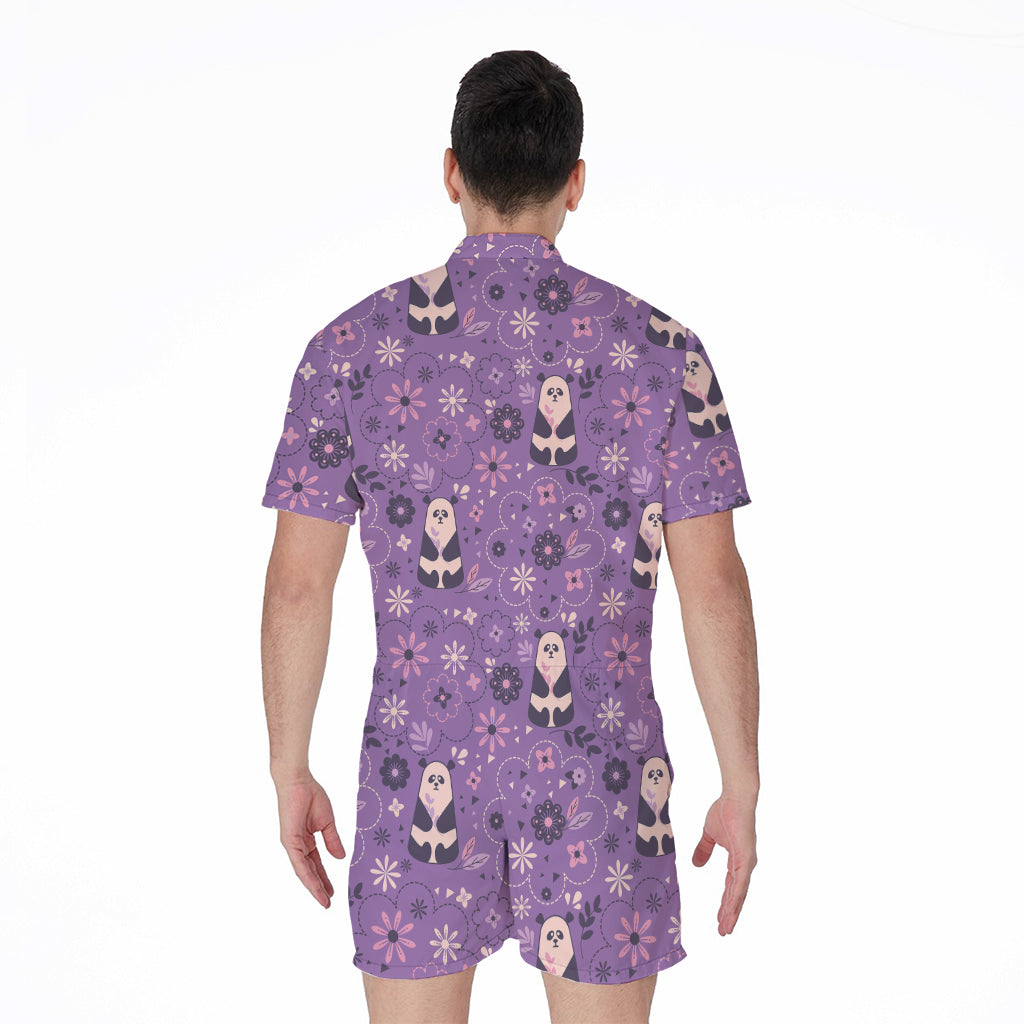 Purple Panda And Flower Pattern Print Men's Rompers