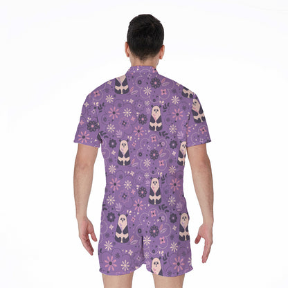Purple Panda And Flower Pattern Print Men's Rompers