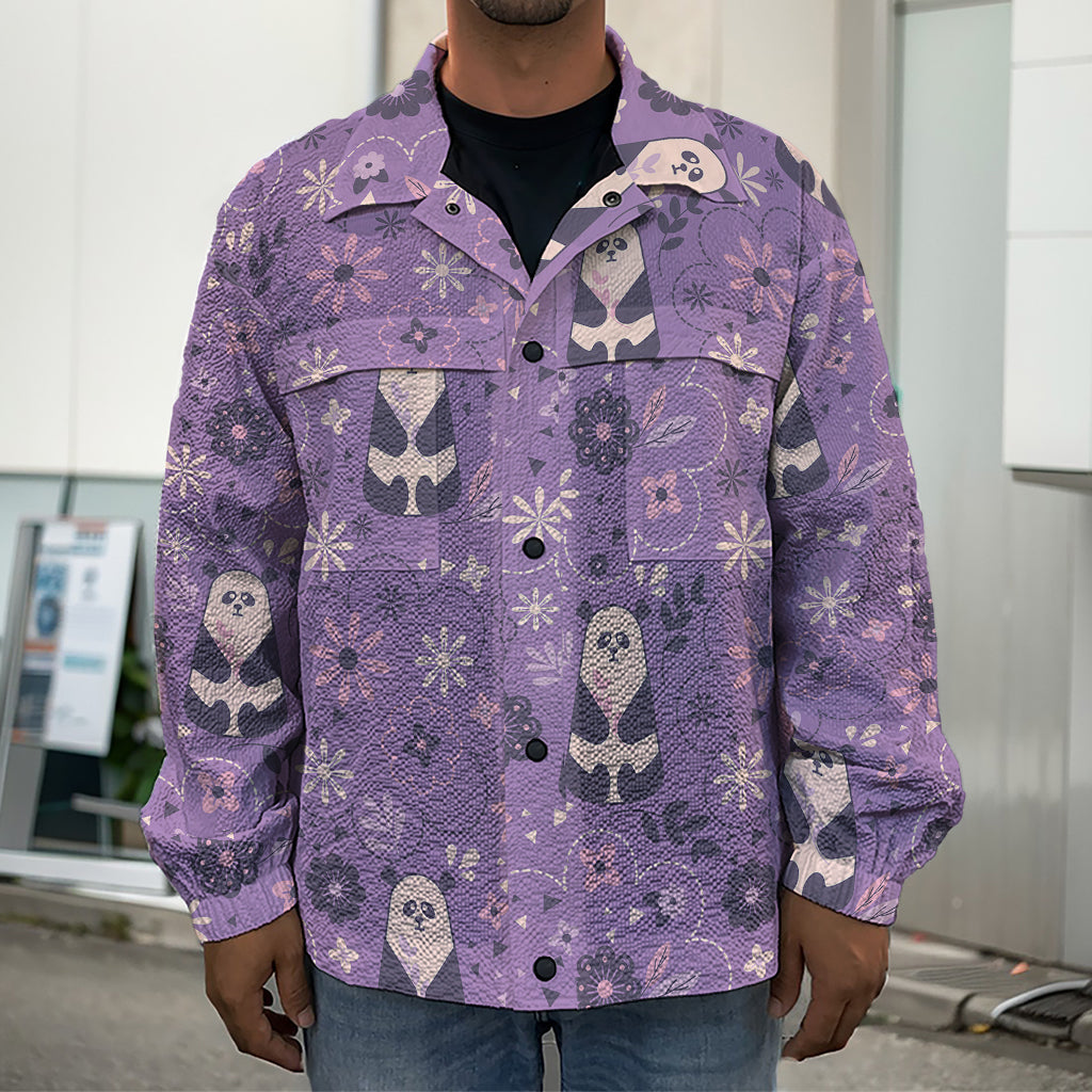 Purple Panda And Flower Pattern Print Men's Shirt Jacket