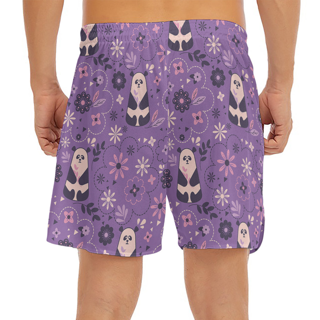Purple Panda And Flower Pattern Print Men's Split Running Shorts