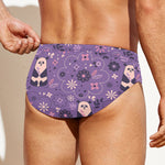 Purple Panda And Flower Pattern Print Men's Swim Briefs
