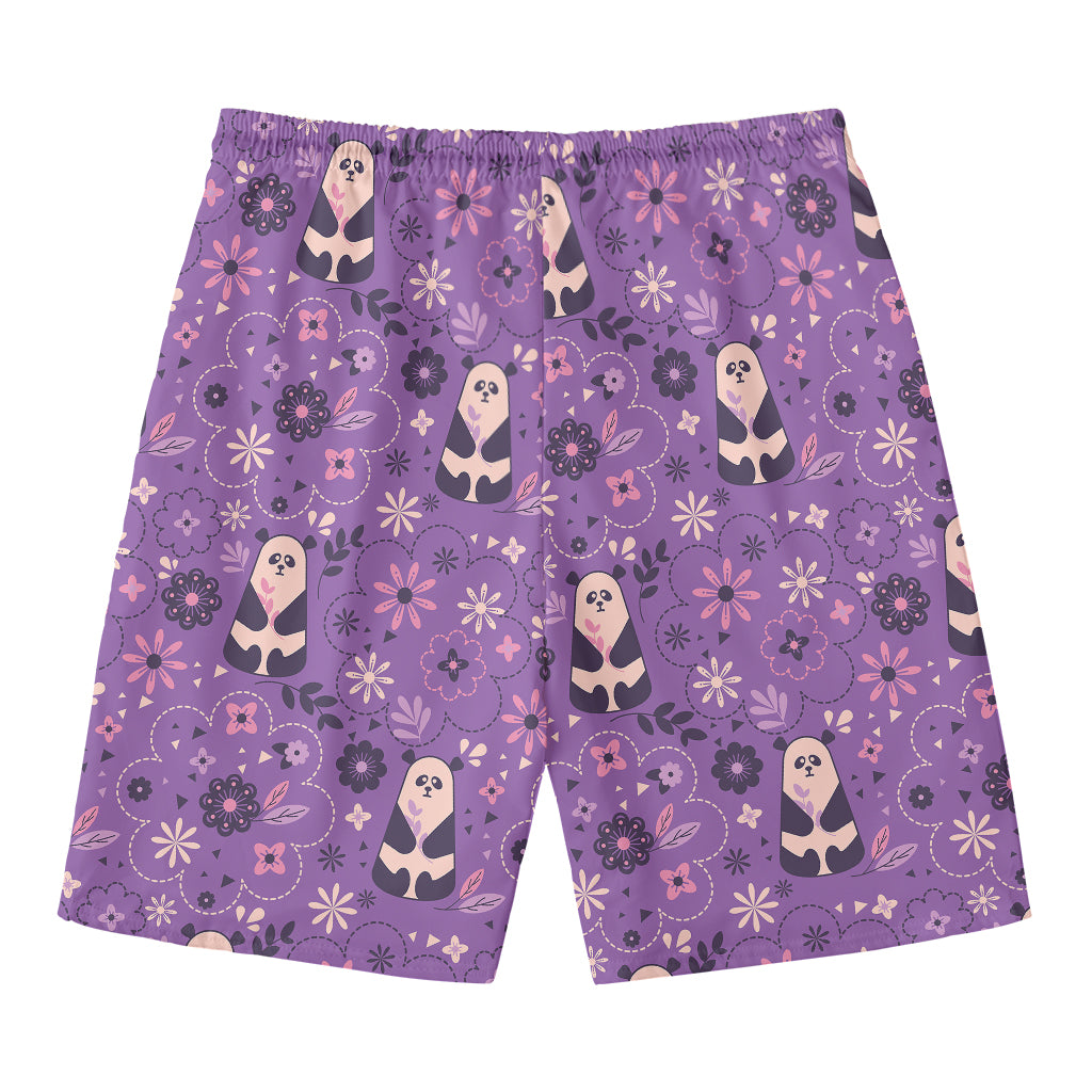Purple Panda And Flower Pattern Print Men's Swim Trunks
