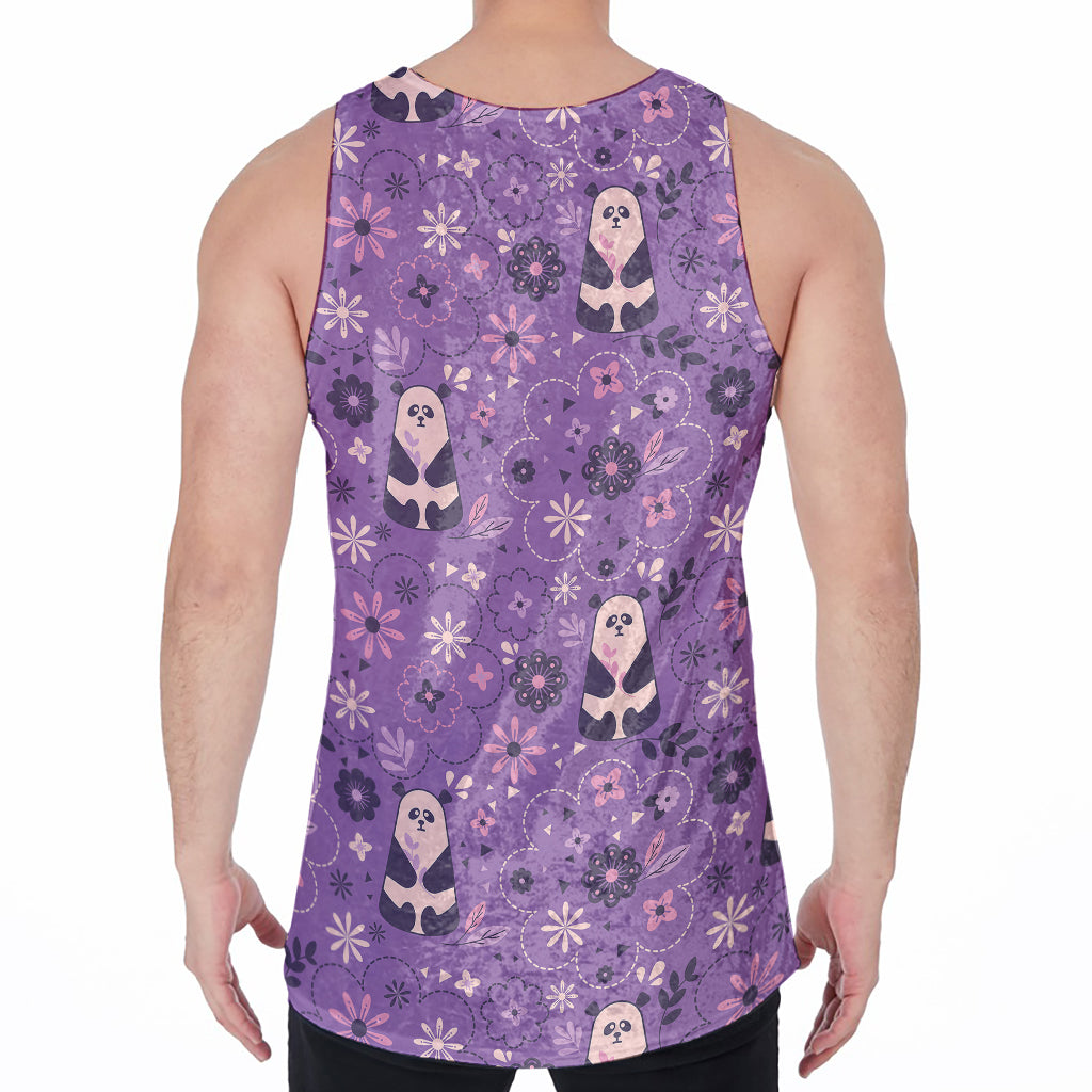 Purple Panda And Flower Pattern Print Men's Velvet Tank Top