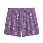 Purple Panda And Flower Pattern Print Mesh Shorts