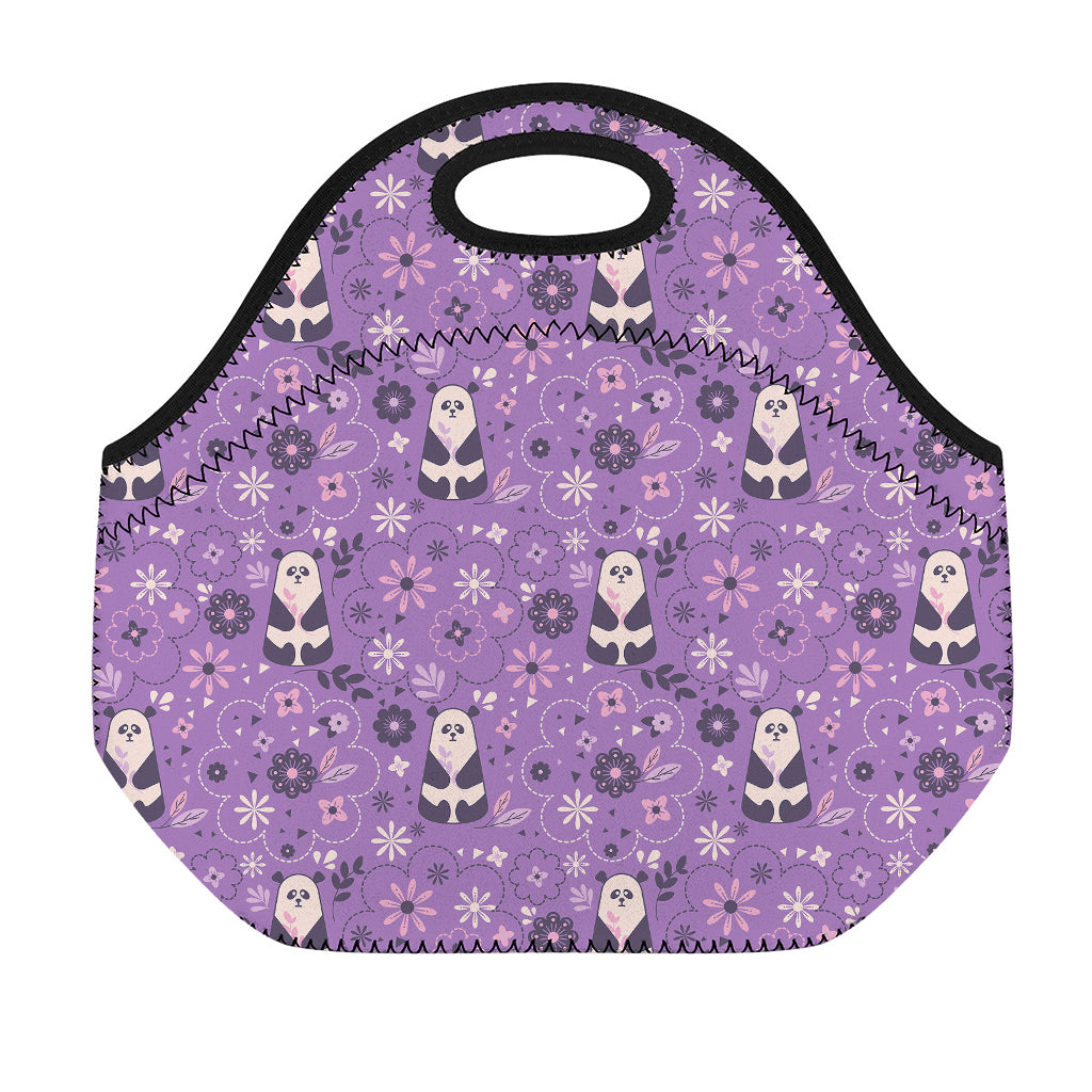Purple Panda And Flower Pattern Print Neoprene Lunch Bag